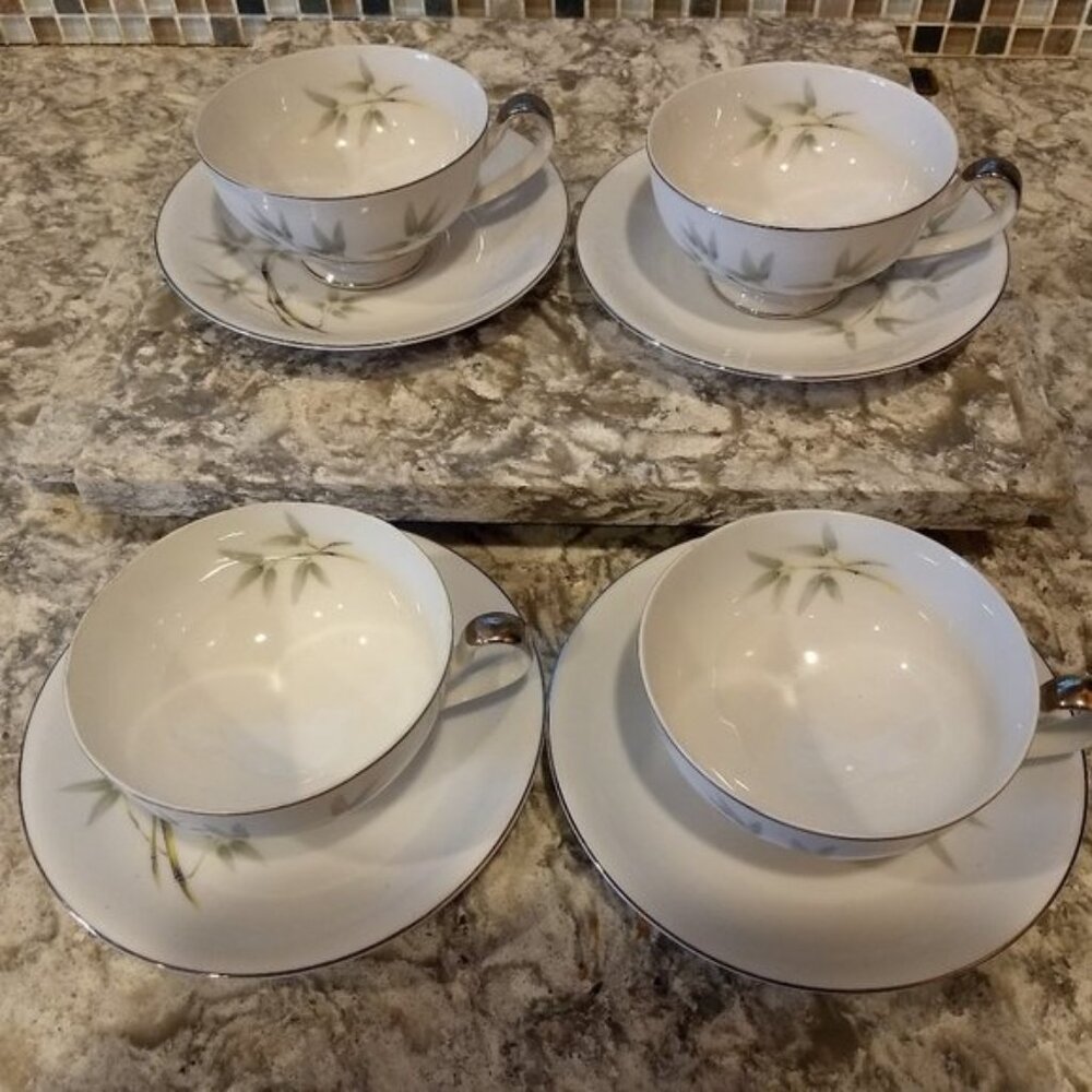 4 Footed Cups & 4 Saucers Set Bamboo Garden